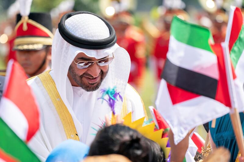 JAKARTA, INDONESIA - July 24, 2019: JAKARTA, INDONESIA - July 24, 2019: HH Sheikh Mohamed bin Zayed Al Nahyan, Crown Prince of Abu Dhabi and Deputy Supreme Commander of the UAE Armed Forces (C), greets members of an Indonesian youth delegation, during a reception at  the Bogor Presidential Palace.

( Eissa Al Hammadi / Ministry of Presidential Affairs )
---