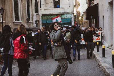 Perla Joe Maalouli rallies protesters during the early months of anti-government demonstrations in Beirut. Émilie Madi