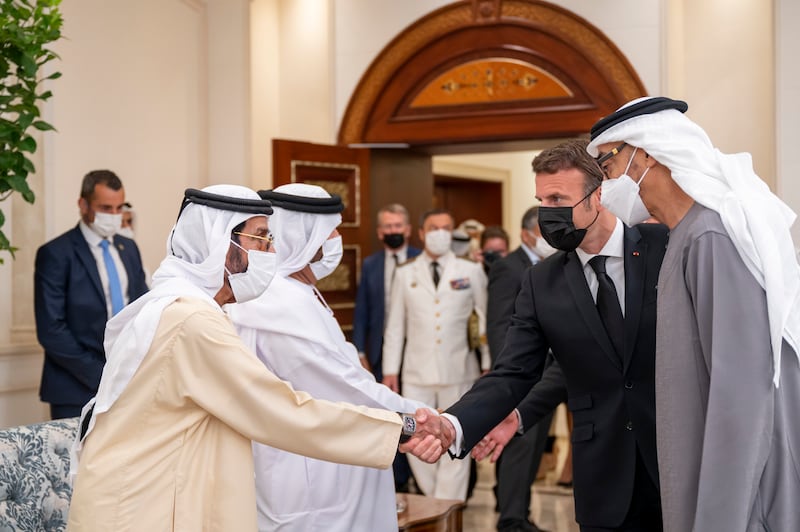 Emmanuel Macron with Sheikh Tahnoon bin Mohamed Al Nahyan, Ruler's Representative in Al Ain Region.