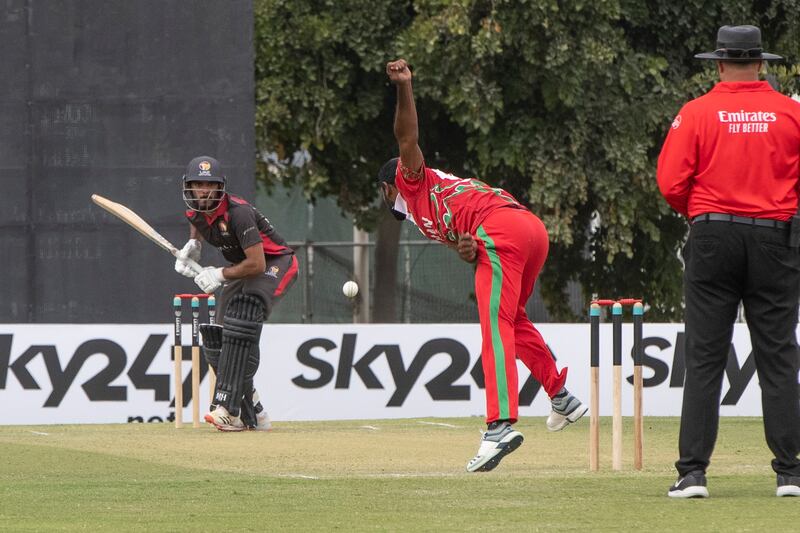 Rizwaan CP bats for the UAE against Oman during the Cricket World Cup League 2 match at the ICC Academy in Dubai. 