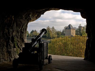 A cannon chamber in the Bock Casemates, in Luxembourg, and the view through the loophole.