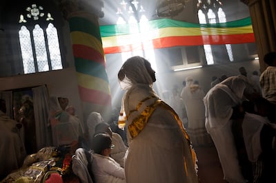 A joint celebration of Meskel and the restitution of a sacred tabotn takes place at the Ethiopian Orthodox Church of St Mary, London. Getty Images