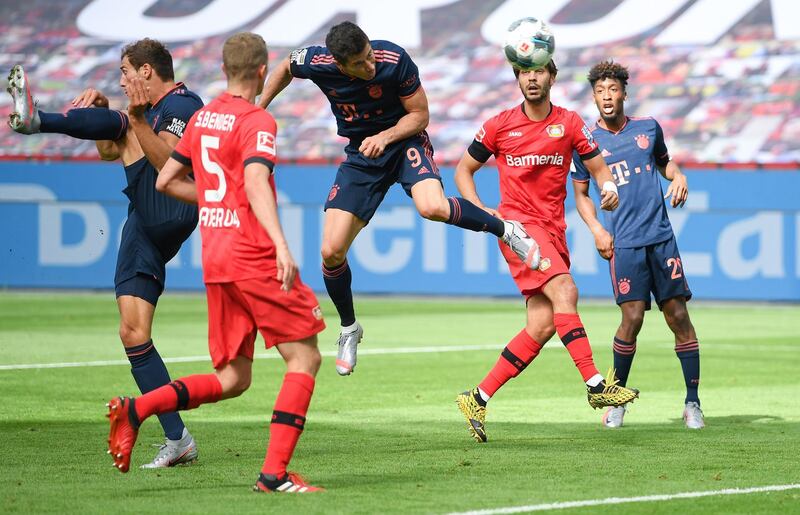 Robert Lewandowski scores Bayern's fourth goal against Leverkusen. Getty Images