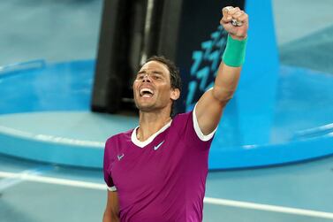 Spain's Rafael Nadal celebrates after winning the men's singles semi-final match against Italy's Matteo Berrettini on day twelve of the Australian Open tennis tournament in Melbourne on January 28, 2022.  (Photo by BRANDON MALONE  /  AFP)  /  -- IMAGE RESTRICTED TO EDITORIAL USE - STRICTLY NO COMMERCIAL USE --