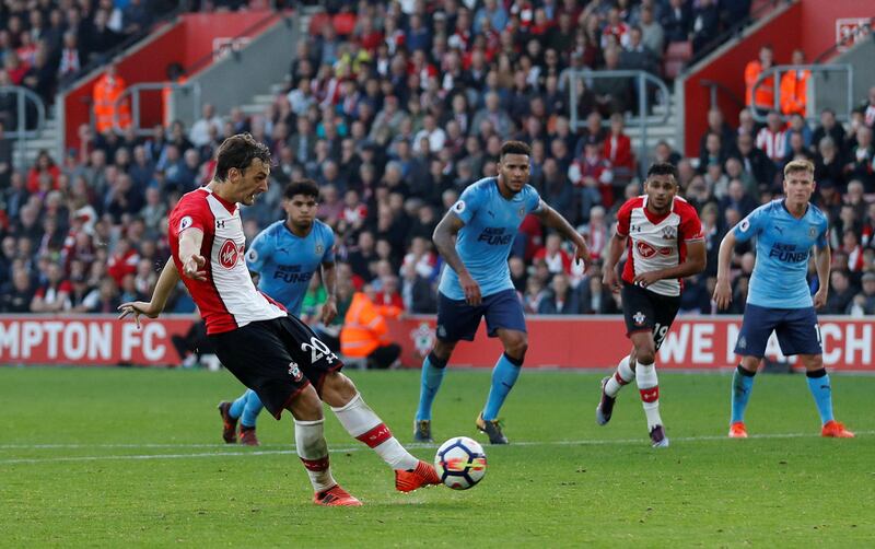 Soccer Football - Premier League - Southampton vs Newcastle United - St. Mary's Stadium, Southampton, Britain - October 15, 2017   Southampton's Manolo Gabbiadini scores their second goal from a penalty                Action Images via Reuters/Matthew Childs    EDITORIAL USE ONLY. No use with unauthorized audio, video, data, fixture lists, club/league logos or "live" services. Online in-match use limited to 75 images, no video emulation. No use in betting, games or single club/league/player publications. Please contact your account representative for further details.