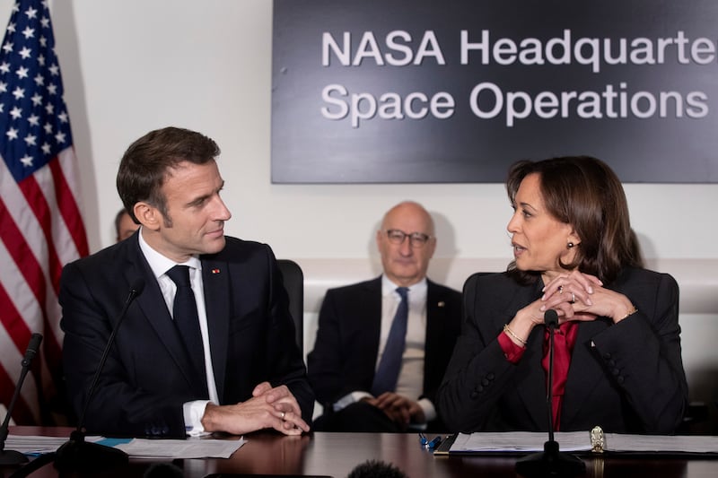 Mr Macron meets Ms Harris to highlight space co-operation between France and the US. EPA