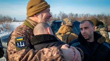 Ukrainian prisoners of war after a prisoner exchange at an undisclosed location in Ukraine on January 21, 2024. Ukrainian President Volodymyr Zelenskyy on X / AP