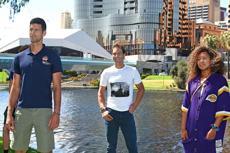 Spanish star Rafael Nadal with Naomi Osaka of Japan and Novak Djokovic of Serbia at an event "A Day at the Drive" after two-weeks quarantine in Adelaide. AFP