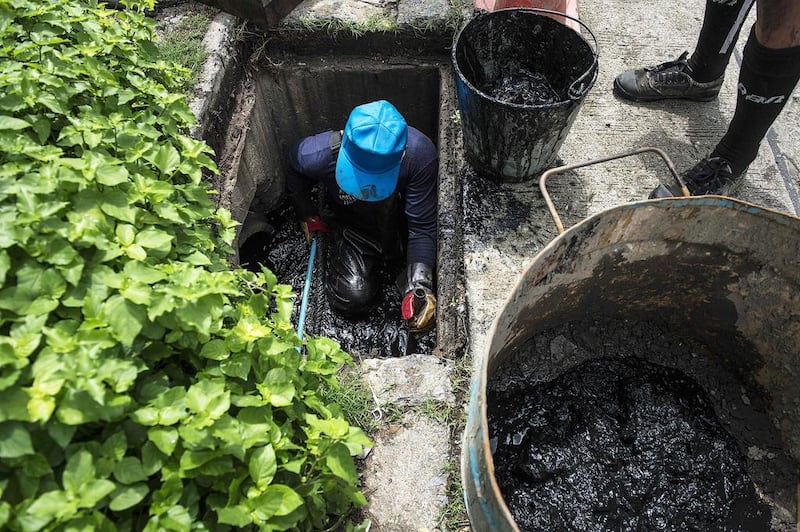 A prisoner enters a drain on the outskirts of Bangkok to clear it of sewage and plastic waste. Lillian Suwanrumpha / AFP