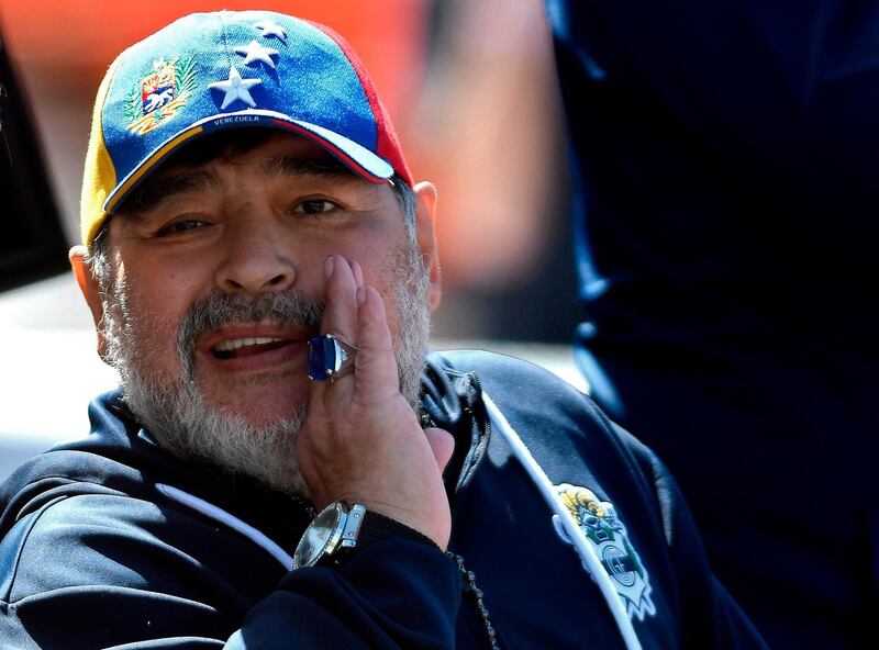 Diego Maradona during the match between Godoy Cruz and Gimnasia. AFP