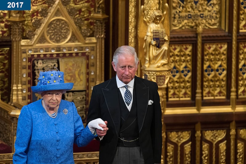 2017: The queen and Prince Charles attend the State Opening Of Parliament in the House of Lords at the Palace of Westminster, London.