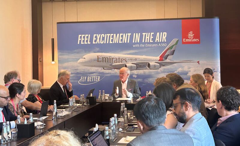 Tim Clark, president of Emirates, speaks to journalists on the sidelines of the 80th International Air Transport Association's annual meeting in Dubai. Deena Kamel / The National