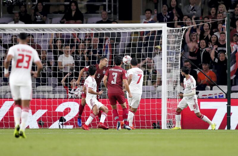 Al Ain, United Arab Emirates - January 14, 2019: Ali Mabkhout of UAE scores during the game between UAE and Thailand in the Asian Cup 2019. Monday, January 14th, 2019 at Hazza Bin Zayed Stadium, Al Ain. Chris Whiteoak/The National