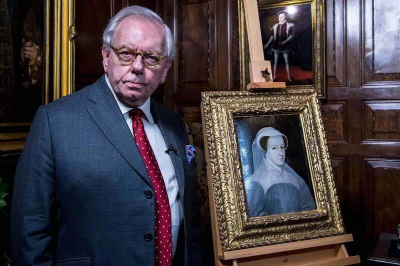 Mandatory Credit: Photo by Simon Ford/Shutterstock (10099432a)
Exremely rare painting of Mary Queen of Scots is unveiled for public display at Hever Castle by Tudor expert Dr David Starkey
Unveiling of rare painting of Mary Queen of Scots at Hever Castle, Kent, UK - 07 Feb 2019
Exremely rare painting of Mary Queen of Scots is unveiled for public display at Hever Castle, 432 Years after date of her death. The painting was only recently found in France and has never been seen by the public before.