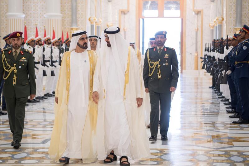 ABU DHABI, UNITED ARAB EMIRATES - September 18, 2018: HH Sheikh Mohamed bin Zayed Al Nahyan Crown Prince of Abu Dhabi Deputy Supreme Commander of the UAE Armed Forces (center L) and HH Sheikh Mohamed bin Rashid Al Maktoum, Vice-President, Prime Minister of the UAE, Ruler of Dubai and Minister of Defence (center R), attend the swearing-in ceremony for a minister and judges of the United Arab Emirates, held at Presidential Palace.?

( Saeed Al Neyadi / Crown Prince Court - Abu Dhabi )
---