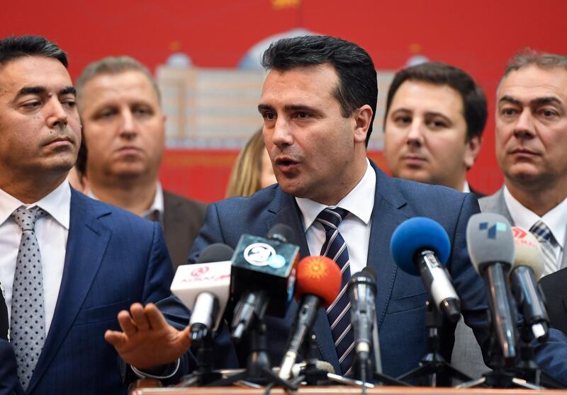 epa07105873 Macedonian Prime Minister Zoran Zaev addresses to the media after the members of parliament voted for the start changing the state's constitution on the parliamentary session in Skopje, The Former Yugoslav Republic of Macedonia (FYROM), 19 October 2018. Two thirds (80 members of the parliament) of Macedonian parliament voted to start changing the state's constitution and constitutional changes to change the name of the country in North Macedonia according to the deal with Greece.  EPA/GEORGI LICOVSKI