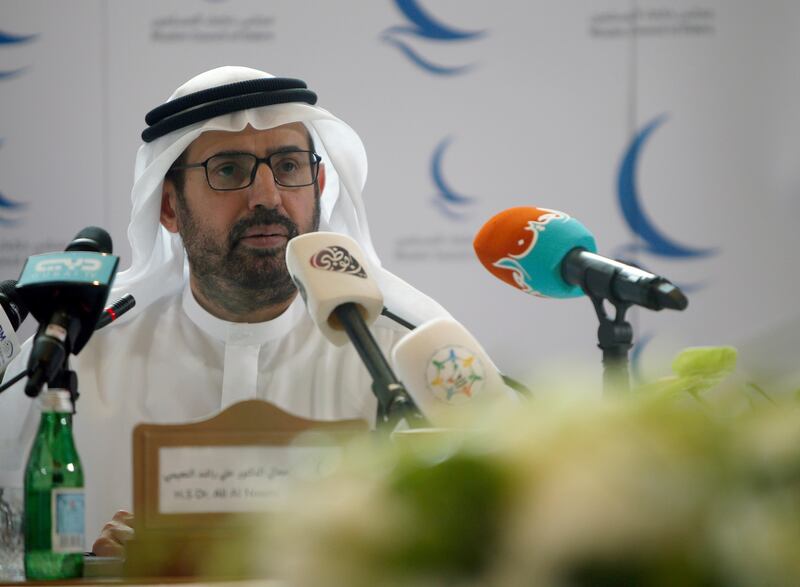 ABU DHABI - UAE - 31JUL2017 - Dr. Ali Al Naoimi, General Secretary of Muslim Council of Elders, Director General of the Abu Dhabi Education Council, address media after the meeting of Muslim Council of Elders Guide at St. Regis Corniche in Abu Dhabi. Ravindranath K / The National (to go with Haneen stroy for News)