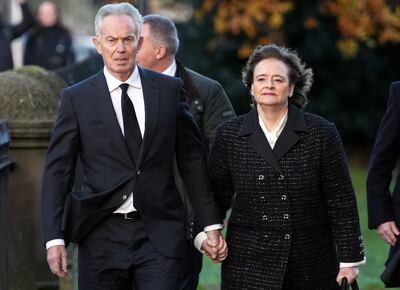 Former British prime minister Tony Blair and his wife Cherie at the funeral of former chancellor Alistair Darling this week. AFP
