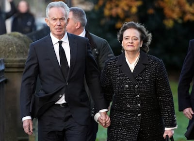 Former British prime minister Tony Blair and his wife Cherie at the funeral of former chancellor Alistair Darling this week. AFP