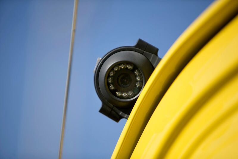 ABU DHABI, UNITED ARAB EMIRATES, Feb. 4, 2015:  
An external school-bus camera as seen on Wednesday, Feb. 4, 2015, at the Al Nahda Schools'  school-bus parking lot. All new school busses are now equipped with seat belts, 2 internal and 4 external CCTV cameras. (Silvia Razgova / The National)  /  Usage: Feb. 4, 2015 /  Section: NA /  Reporter:  Ramona Ruiz
 *** Local Caption ***  SR-150204-schoolbusses06.jpg