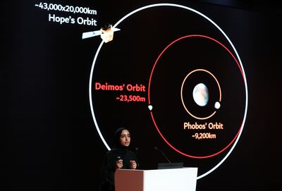 Hessa Al Matroushi, science lead of the Emirates Mars Mission, speaks about Hope probe's new orbit on February 9, 2023. Chris Whiteoak / The National 