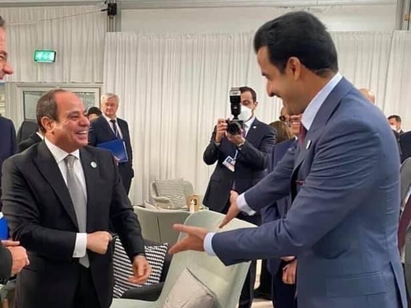 Egyptian President Abdel Fattah El Sisi and Qatar’s Sheikh Tamim meeting on the sidelines of the Cop26 summit in Glasgow. Photo: Egyptian presidency
