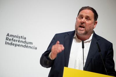 epa09308970 Catalan pro-independence party ERC's leader Oriol Junqueras delivers a speech during their first party meeting since he was released from prison, in Barcelona, Spain, 28 June 2021.  EPA/MARTA PEREZ
