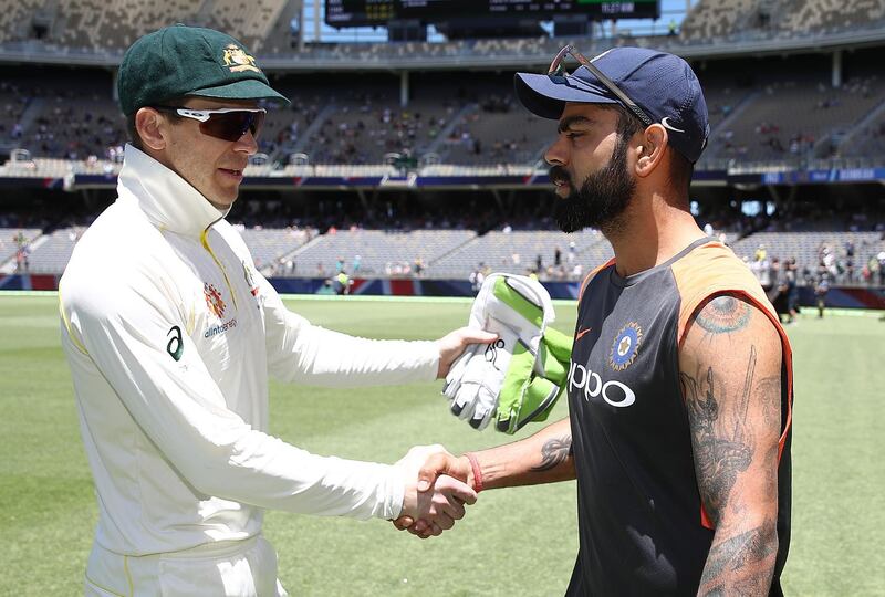PERTH, AUSTRALIA - DECEMBER 18: Tim Paine of Australia shakes hands with Virat Kohli of India after Australia claimed victory during day five of the second match in the Test series between Australia and India at Perth Stadium on December 18, 2018 in Perth, Australia. (Photo by Ryan Pierse/Getty Images)