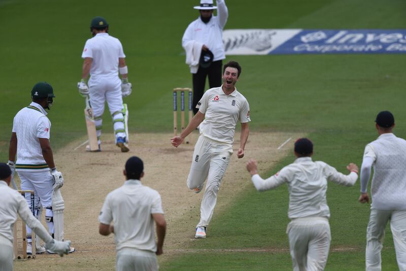 LONDON, ENGLAND - JULY 31:  Toby Roland-Jones of England celebrates after taking the wicket of Vernon Philander of South Africa during day five of the 3rd Investec Test match between England and South Africa at The Kia Oval on July 30, 2017 in London, England.  (Photo by Shaun Botterill/Getty Images)