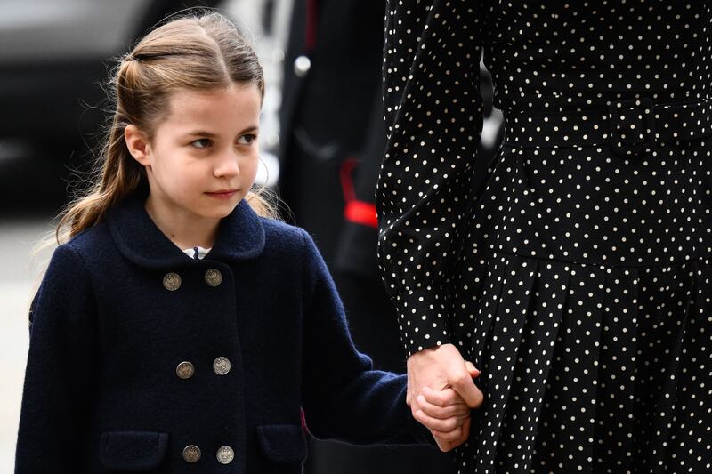 Charlotte of Cambridge arrives at the service for Prince Philip. AFP