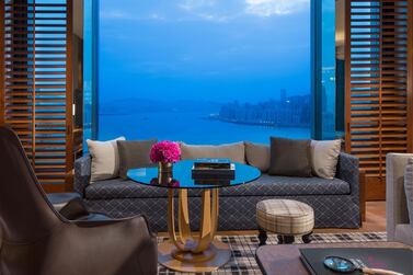 View over Victoria Harbour from a corner suite at the Rosewood Hong Kong hotel. Courtesy Rosewood Hong Kong