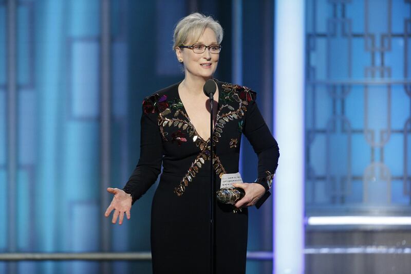 Meryl Streep accepting the Cecil B. DeMille Award at the 74th Annual Golden Globe Awards. Paul Drinkwater / NBC via AP