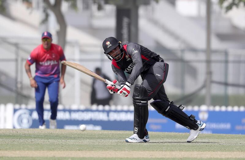 DUBAI , UNITED ARAB EMIRATES , January 28 – 2019 :- Chundangapoyil Rizwan of UAE playing a shot during the one day international cricket match between UAE vs Nepal held at ICC cricket academy in Dubai. ( Pawan Singh / The National ) For Sports. Story by Paul