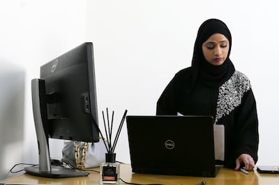 FUJAIRAH, UNITED ARAB EMIRATES , March 7, 2021 –  Saadah Khameis Amer Alyalyali, Maximo & IT Superintendent of ACCIONA working at her office in Fujairah. (Pawan Singh / The National) For News/Online. Story by Anam