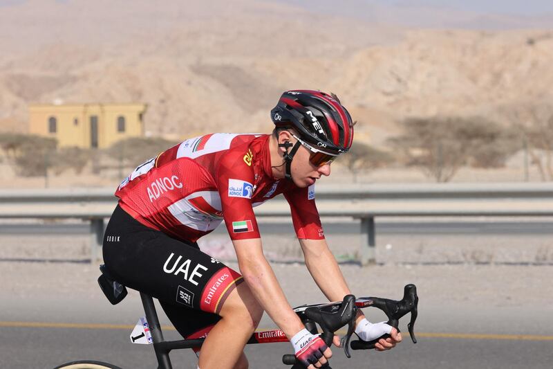 Team UAE Emirates' Tadej Pogacar wearing the leader's red jersey during Stage 4. AFP