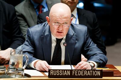 epa06666928 Vassily Nebenzia, Russian Ambassador to the United Nations, addresses an United Nations Security Council meeting called by Russia in response to the escalating situation in Syria following suspected chemical weapons attack at United Nations headquarters in New York, New York, USA, 13 April 2018. The suspected chemical attack took place last weekend in the Damascus suburb of Douma, killing at least 49 people.  EPA/JUSTIN LANE