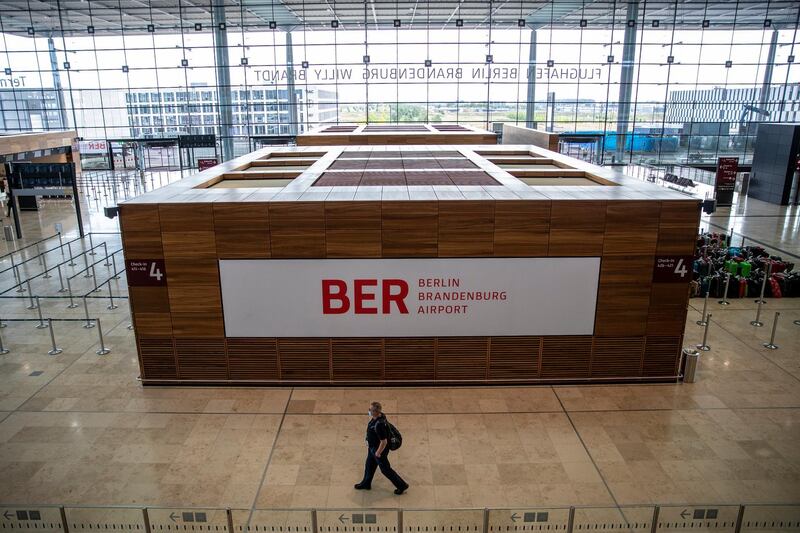 SCHOENEFELD, GERMANY - JULY 28: General view of the airport terminal during a trial run of the baggage system at Berlin Brandenburg Airport ahead of the new airport's opening scheduled for November of this year on July 28, 2020 in Schoenefeld, Germany. The new airport was originally scheduled to open in 2011, but design failures, corruption scandals and other factors have delayed its opening ever since. The airport will replace Berlin's Tegel Airport. (Photo by Maja Hitij/Getty Images)