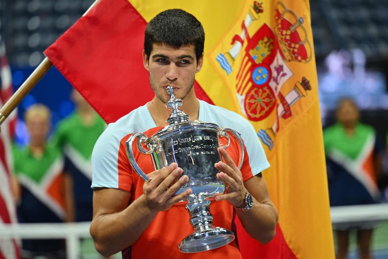 Spain's Carlos Alcaraz celebrates after beating Norway's Casper Ruud in the 2022 US Open Tennis tournament men's singles final on Sunday. AFP