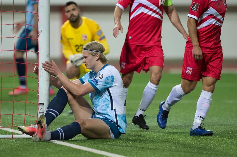 Erling Braut Haaland after missing a chance against Gibraltor. AFP