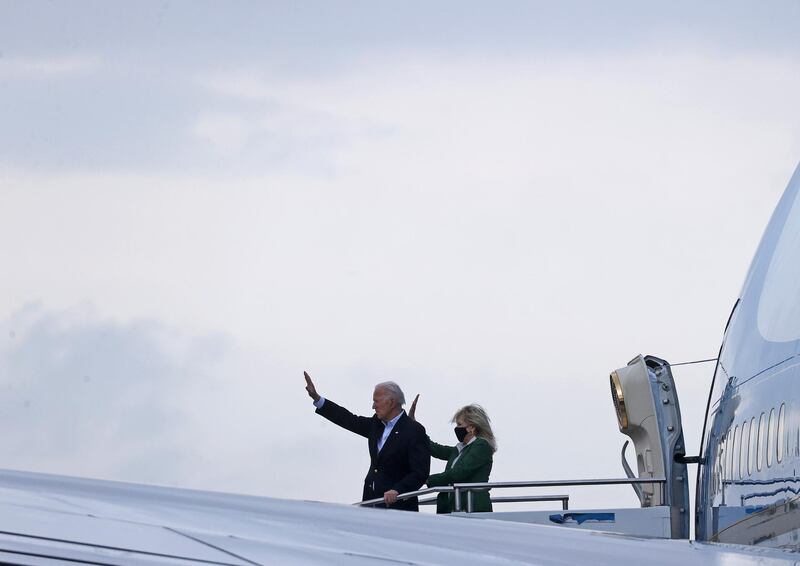 U.S. President Joe Biden and First Lady Jill Biden board Air Force One as they depart Texas to return to the White House, at Ellington Field Joint Reserve Base in Houston, Texas. Reuters