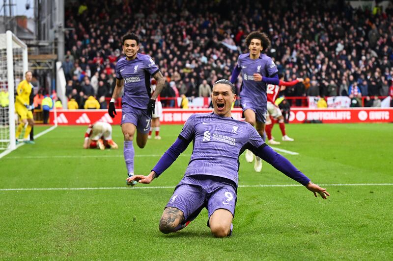 Darwin Nunez of Liverpool celebrates scoring his team's winner in the 1-0 Premier League victory over Nottingham Forest at the City Ground on March 2, 2024. Getty Images