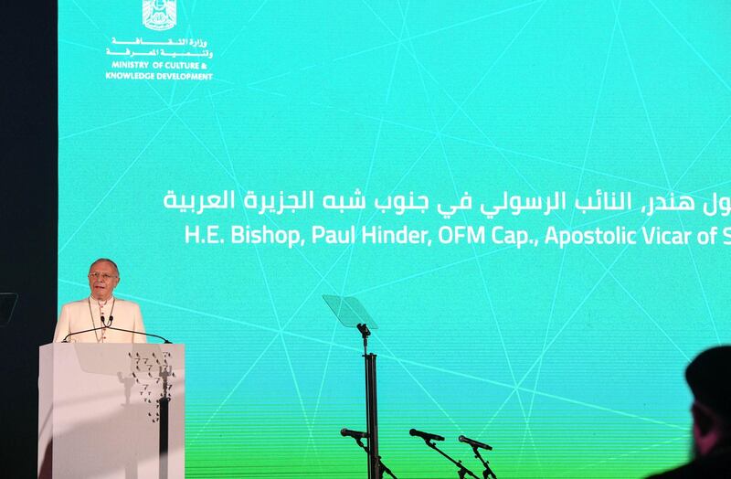 Abu Dhabi, United Arab Emirates - H.E. Bishop, Paul Hinder, OFM Cap., the Apostolic Vicar of Southern Arabia speaks at the UAE Peace Gathering at Umm Al Emarat Park on February 1, 2019. Khushnum Bhandari for The National
