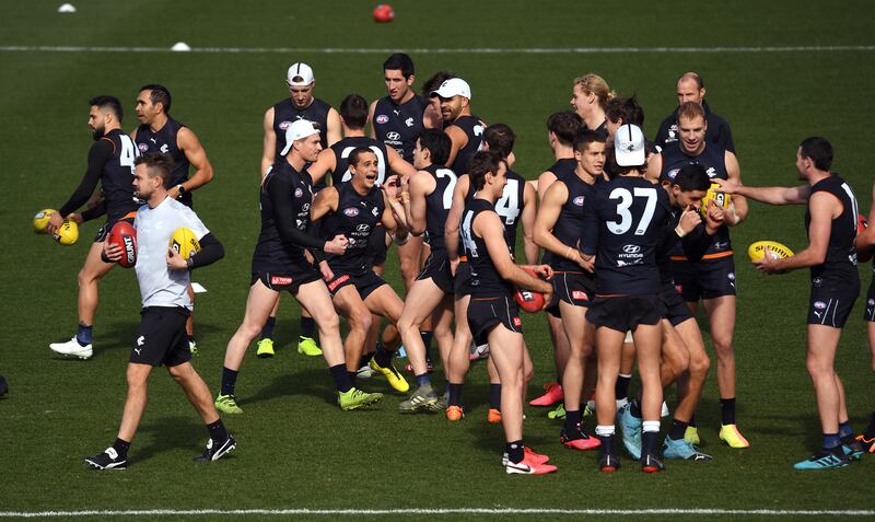 Carlton Aussie Rules players training in Melbourne.  AFP