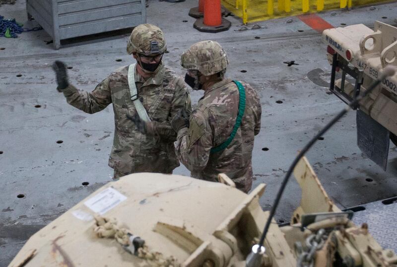 Duba, United Arab Emirates -  US military trucks and equipment arrived for the military exercise in Abu Dhabi at Jebel Al Port, Dubai.  Leslie Pableo for The National