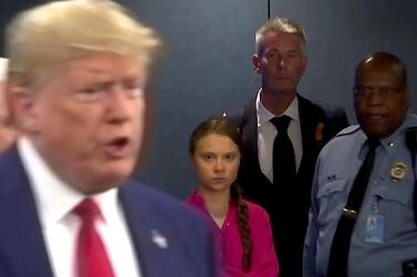 Swedish environmental activist Greta Thunberg gives US President Donald Trump a withering look as he enters the United Nations in New York City. Reuters