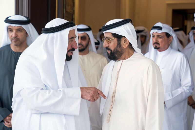 ABU DHABI, UNITED ARAB EMIRATES - January 29, 2018: HH Dr Sheikh Sultan bin Mohamed Al Qasimi, UAE Supreme Council Member and Ruler of Sharjah (L) offers condolences to HH Sheikh Tahnoon bin Mohamed Al Nahyan, Ruler's Representative in Al Ain Region (R), on the passing of HH Sheikha Hessa bint Mohamed Al Nahyan, at Mushrif Palace.

( Mohamed Al Hammadi / Crown Prince Court - Abu Dhabi )
---