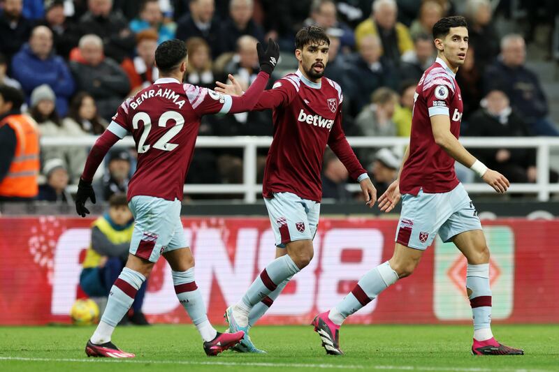 Lucas Paqueta of West Ham United celebrates with Said Benrahma after levelling the scores in the 1-1 draw with Newcastle at St James' Park on February 4, 2023. Getty