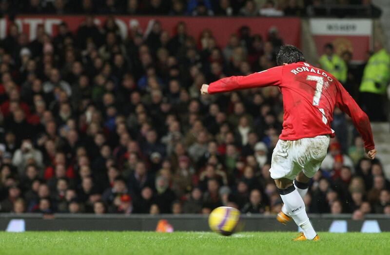 MANCHESTER, ENGLAND - JANUARY 12:  Cristiano Ronaldo of Manchester United scores their first goal during the Barclays FA Premier League match between Manchester United and Newcastle United at Old Trafford on January 12 2008, in Manchester, England. (Photo by Matthew Peters/Manchester United via Getty Images)