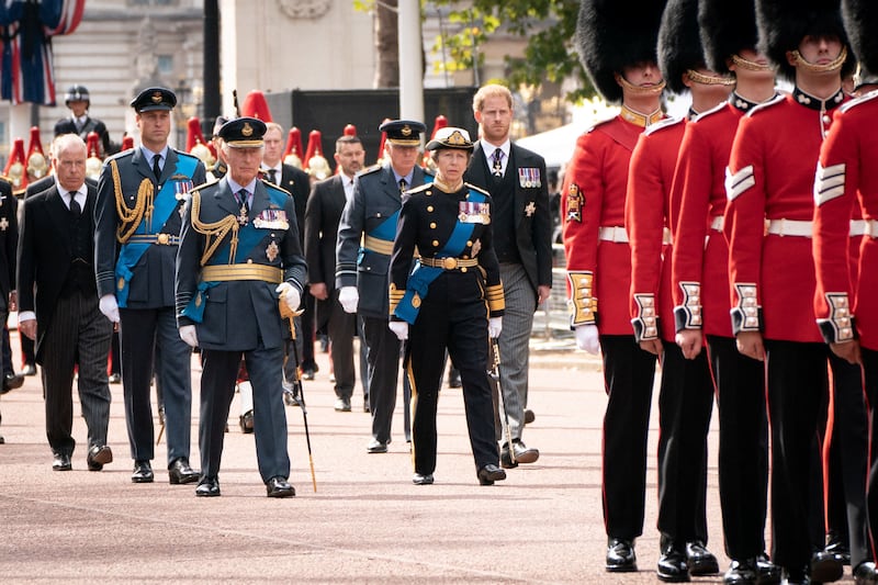 King Charles follows the coffin of Queen Elizabeth as it is carried on a horse-drawn gun carriage of the King's Troop Royal Horse Artillery, during the ceremonial procession from Buckingham Palace to Westminster Hall. Reuters