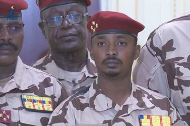 This video grab obtained by AFPTV from Tele Tchad on April 20, 2021 shows Mahamat Idriss Déby, 37, the son of slain Chadian President Idriss Déby Itno, at the announcement of the death of his father in N'Djamena. AFP